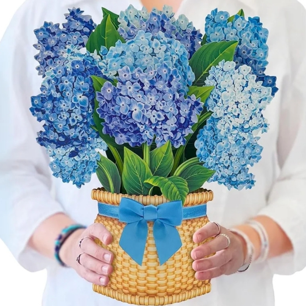 FreshCut Paper Blue Hydrangea 12 inch Pop Up Bouquet 3D Greeting Card New